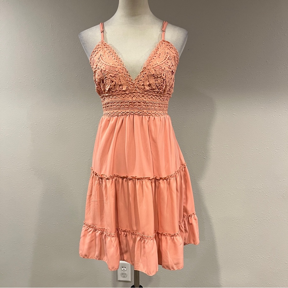 EcoWish Coral Lace Mini Dress‎ with open back size medium